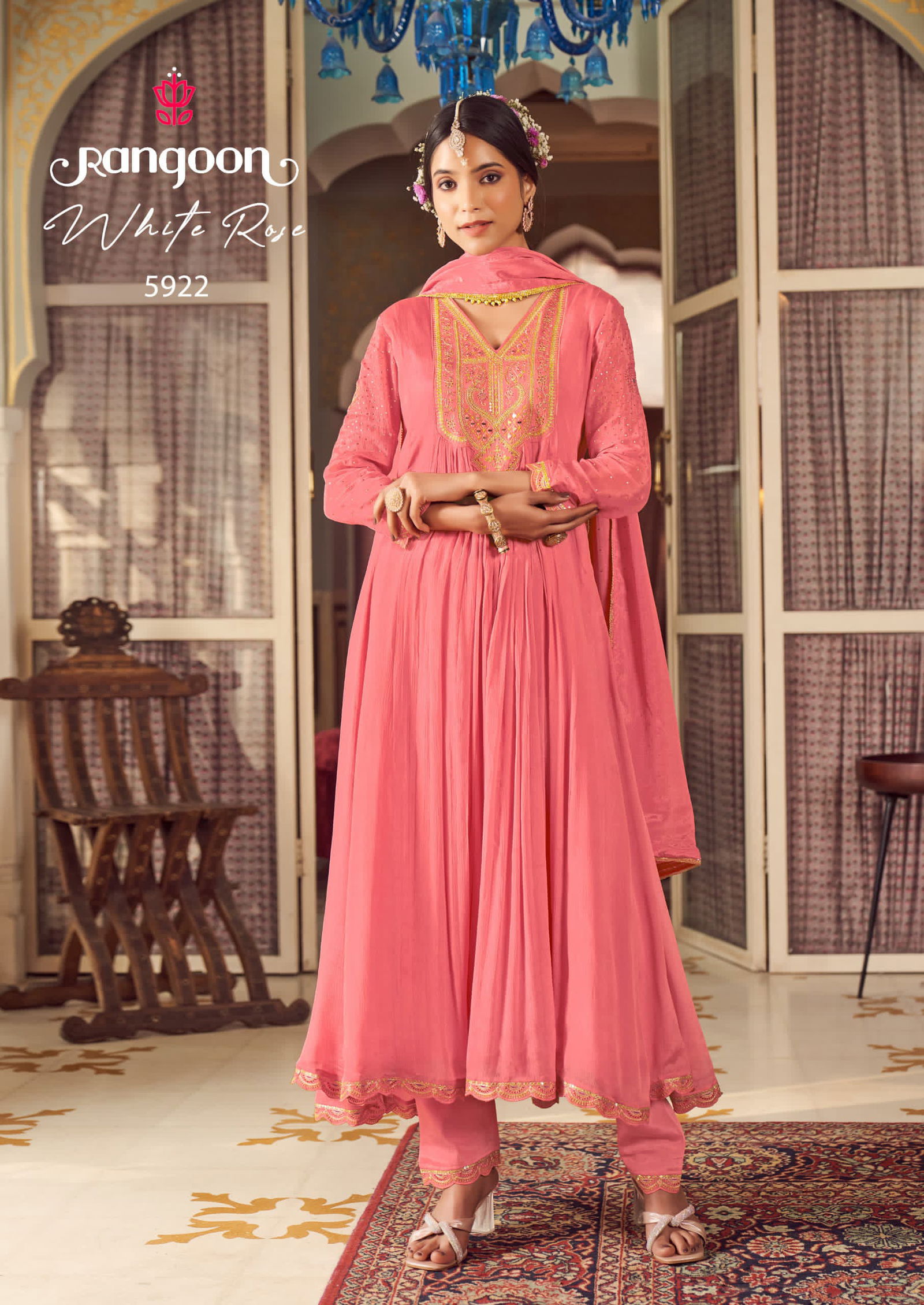 Whiterose By Rangoon Chinon Kurti Bottom With Dupatta Wholesale In India